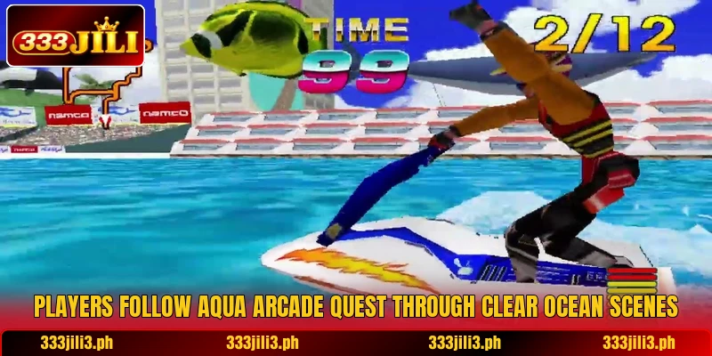 Players follow Aqua Arcade Quest through clear ocean scenes Players follow Aqua Arcade Quest through clear ocean scenes